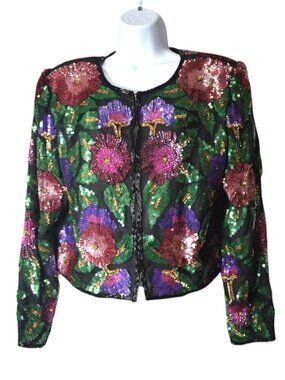 Vintage 80s Glam Laurence Kazar Silk Sequin Floral Jacket Black Multicolor P M